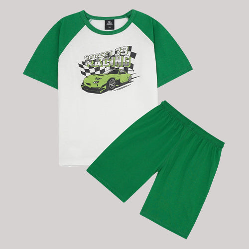 "STREET RACING" GREEN & WHITE SUMMER SET KIDS - 2 PIECE