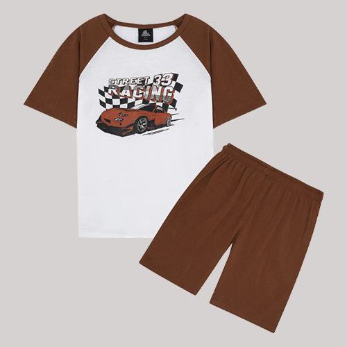 "STREET RACING" BROWN & WHITE SUMMER SET KIDS - 2 PIECE