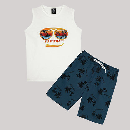 "SUMMER" WHITE & TEAL SANDO SUMMER SET KIDS - 2 PIECE